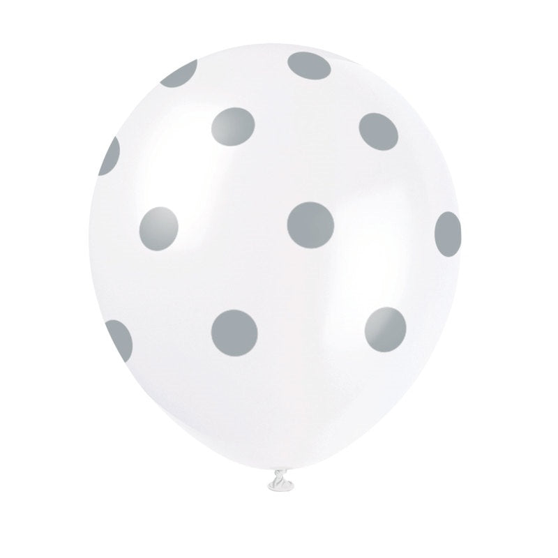 Helium filled - 12" Latex Balloon - Silver Dots