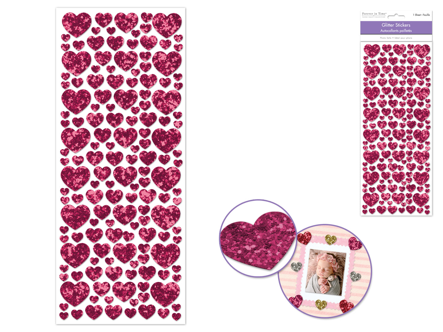 Paper Craft Sticker: 12.5cmx30.5cm Glitter Shapes F) Fuchsia Hearts