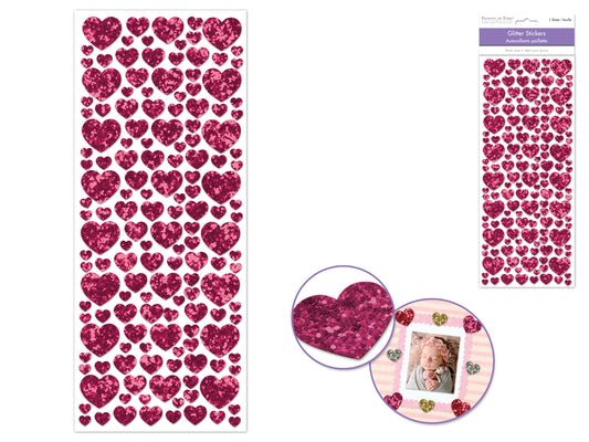 Paper Craft Sticker: 12.5cmx30.5cm Glitter Shapes F) Fuchsia Hearts