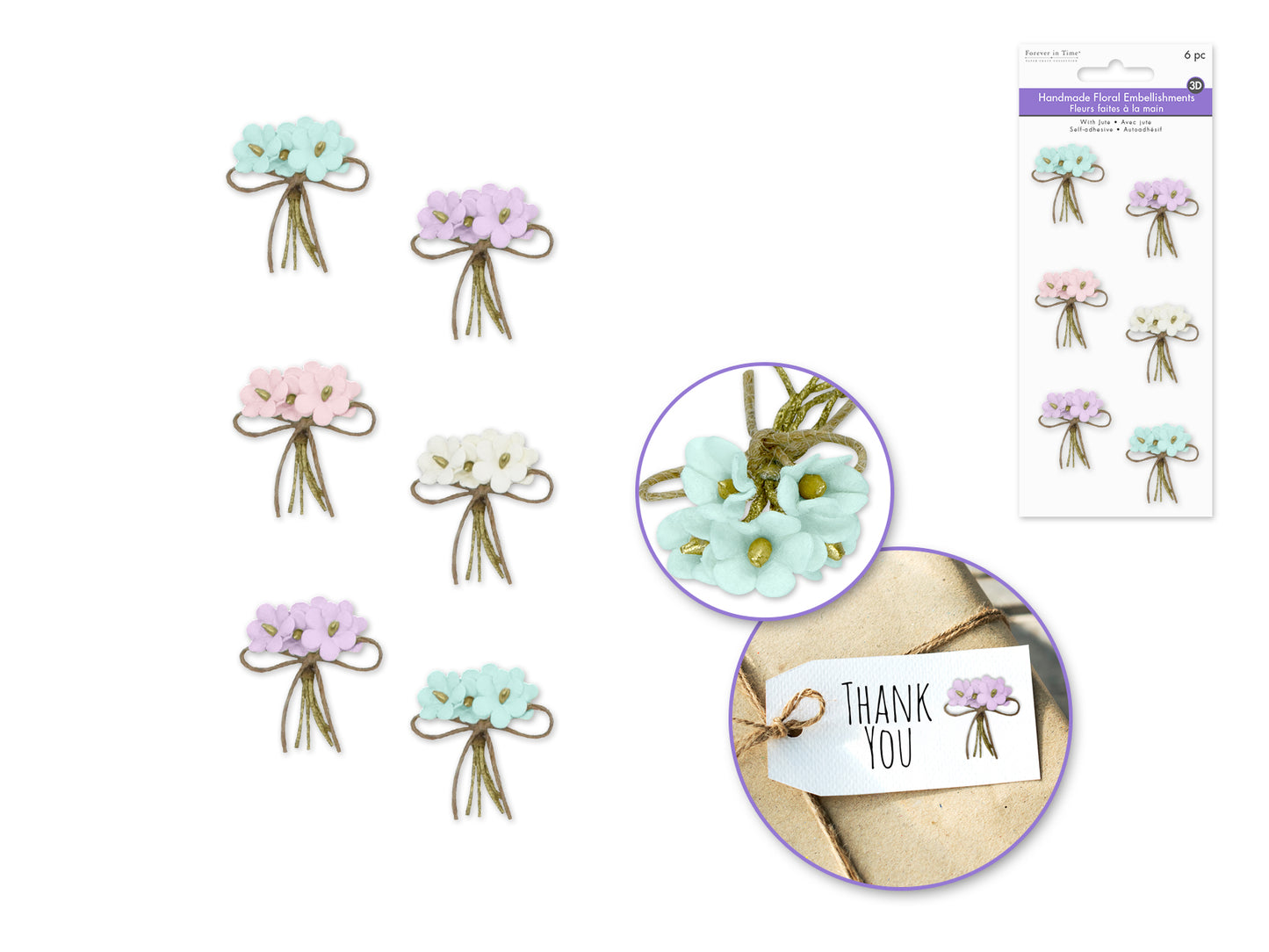 Floral Embellish: 3D Handmade Paper Daisy Bouquet 6pc Self-Stick w/Jute A) Pastel