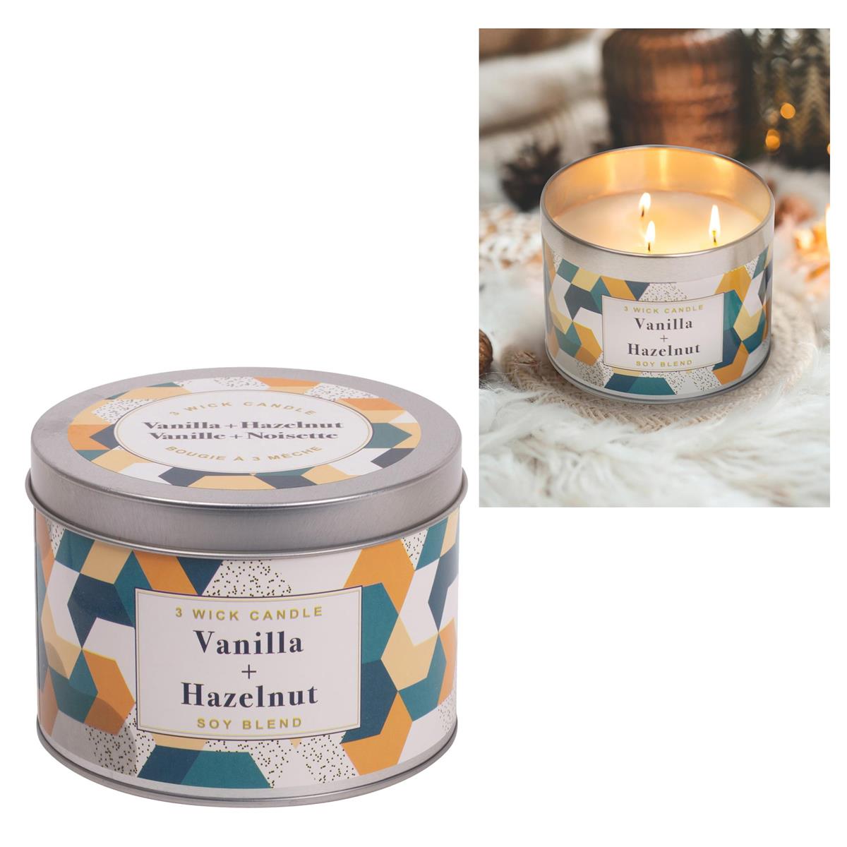 KG 3-Wick Tin Vanilla & Hazelnut Paraffin/Soy Blend Candle (Az)