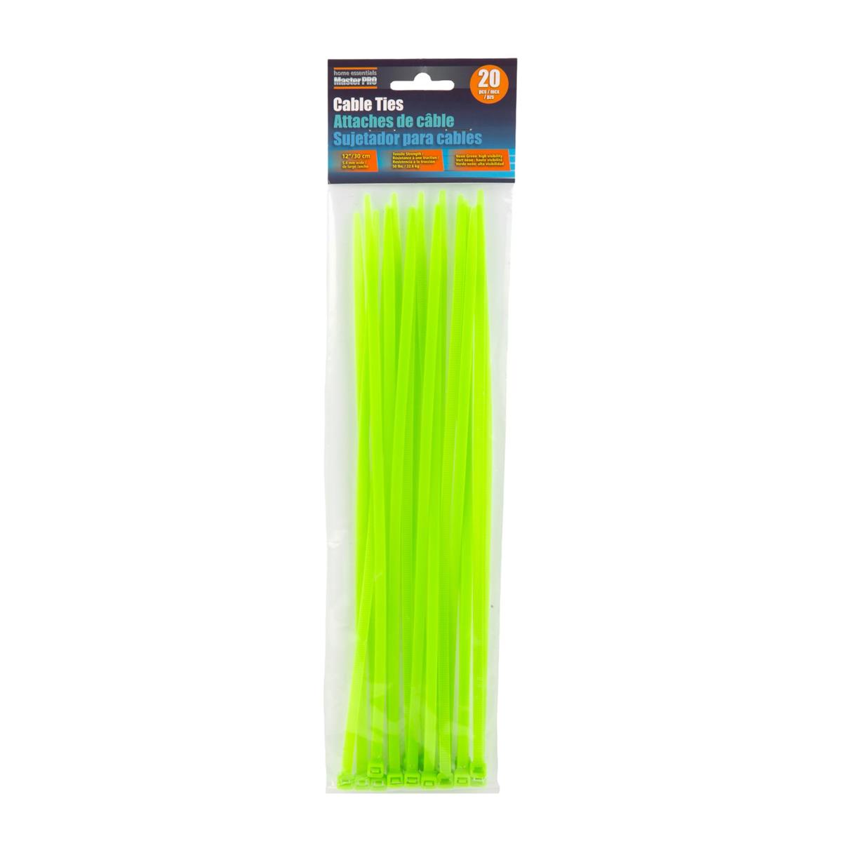 H.E.M.P. 20-PC Cable Ties Neon Green,  5.4mmx12"