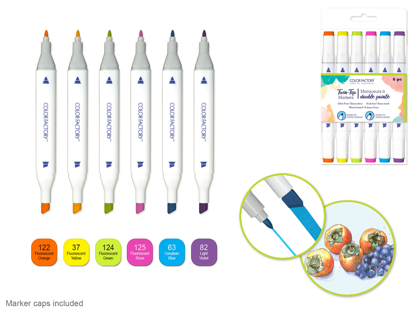 Color Factory: Water-Based Twin Markers Fine+Broad Tips 6pk A) Brights