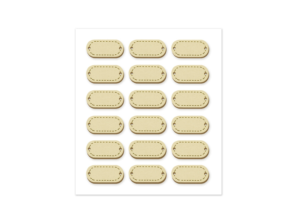 Paper Craft Sticker: 0.9"x0.4" 3D Wood Stitch Tags 18pc B) Natural
