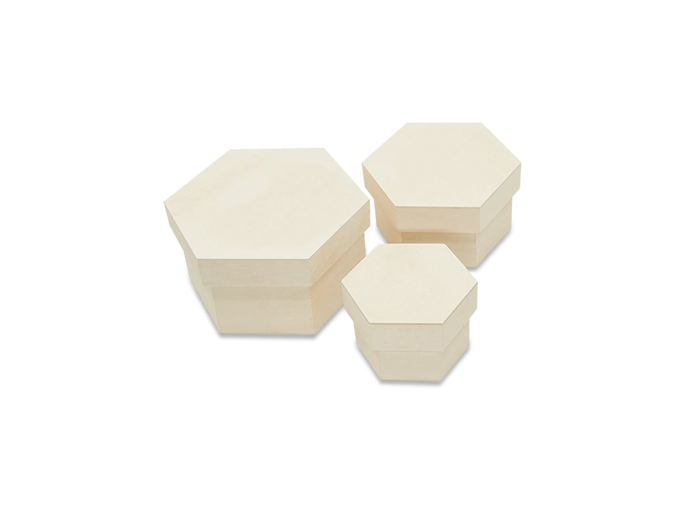 Wood Craft: 3.5"+4.7"+5.9" Hexagon Box Stack Set Asst 3/Set