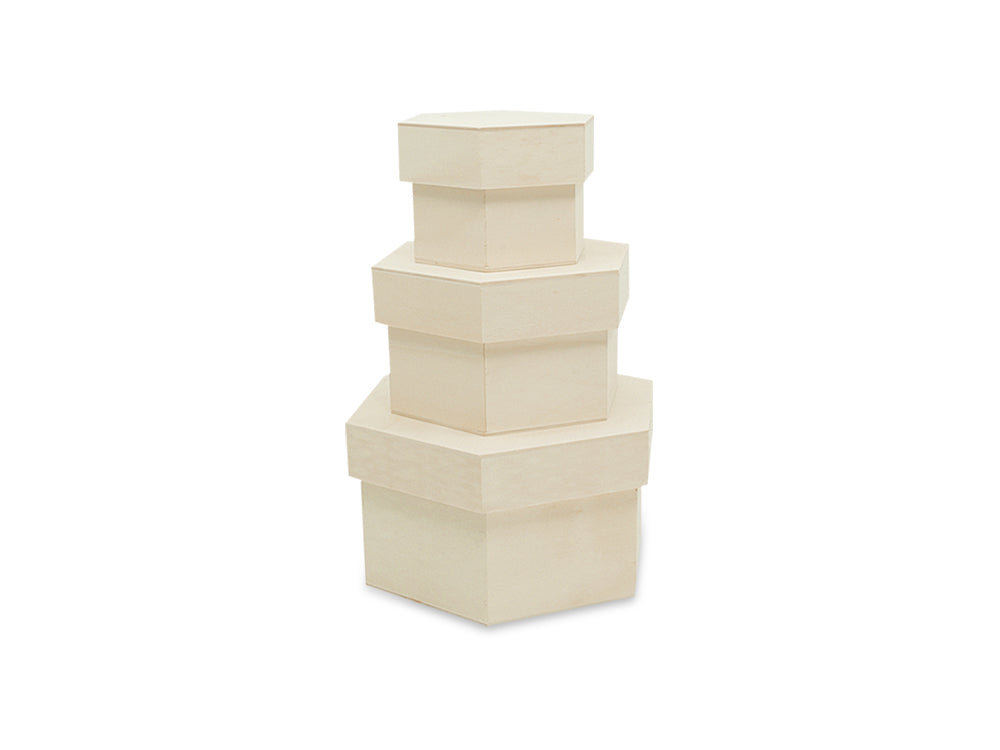 Wood Craft: 3.5"+4.7"+5.9" Hexagon Box Stack Set Asst 3/Set