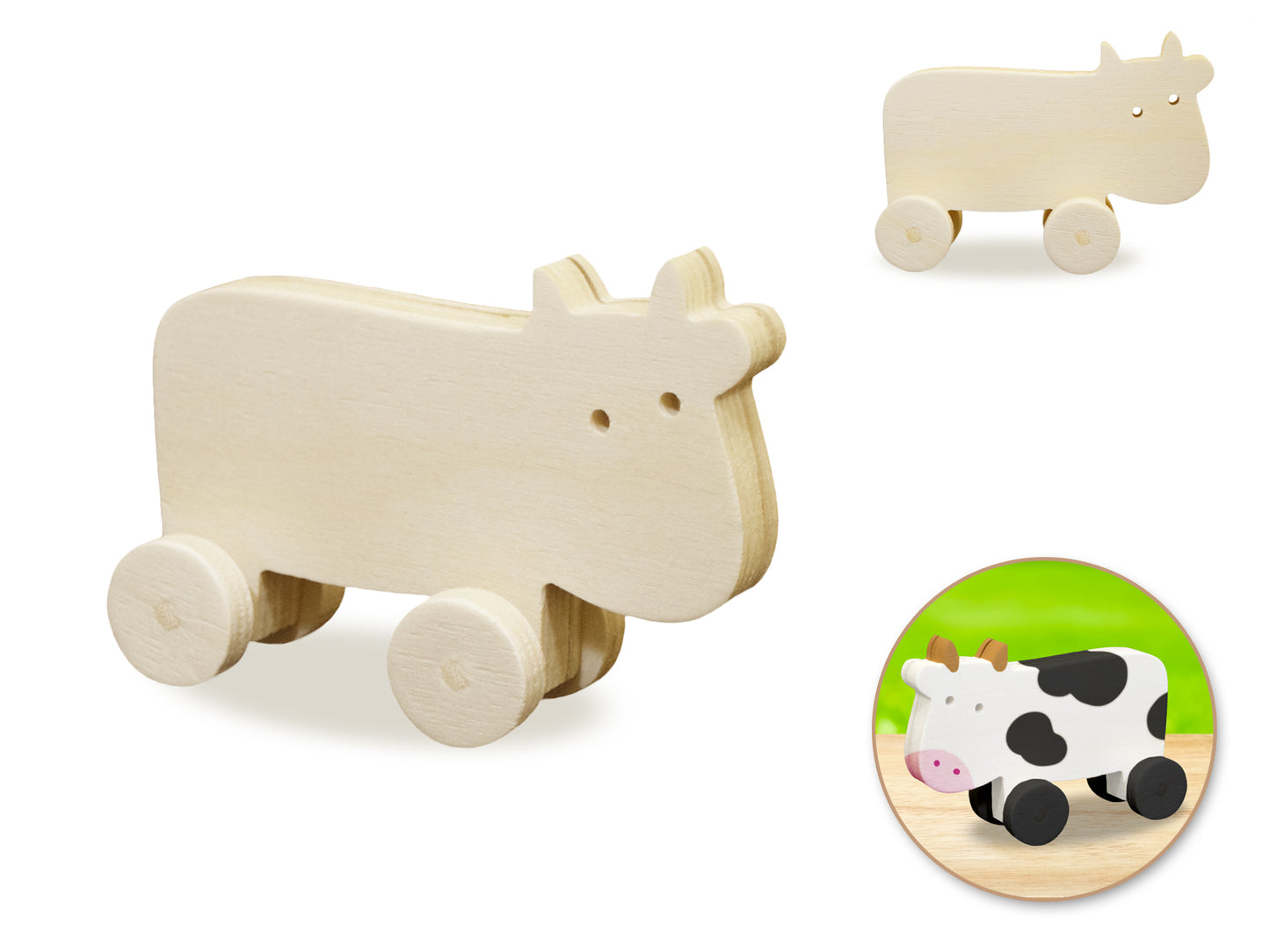 Wood Craft: 4.5" DIY Animals on Wheels A) Cow