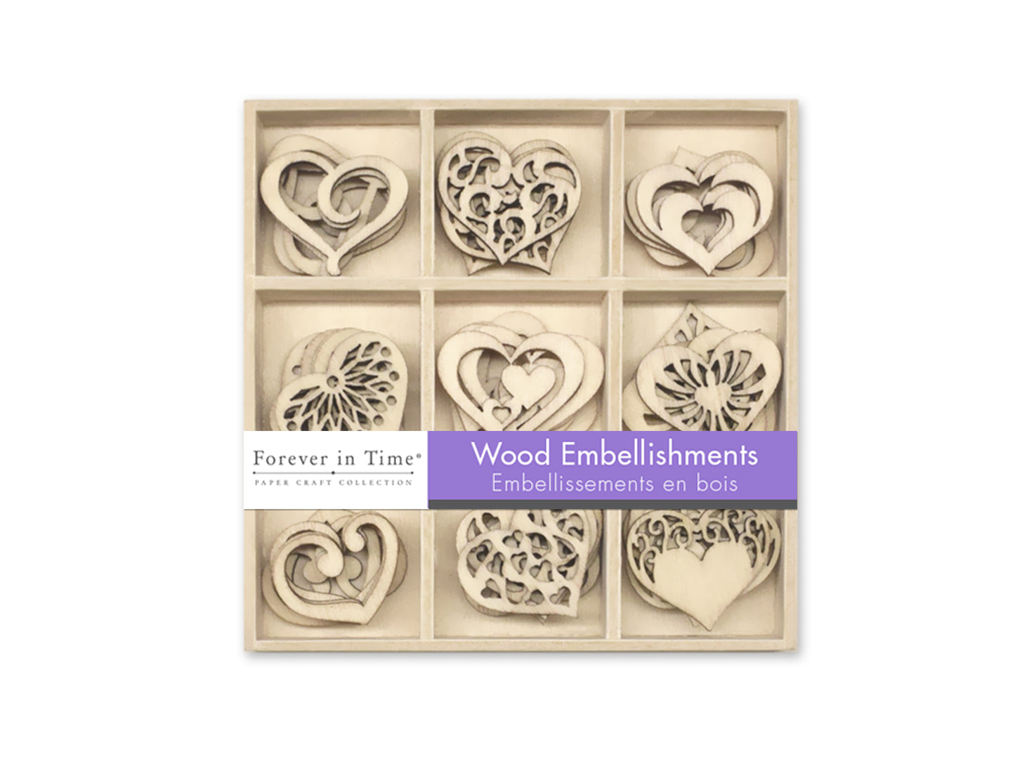 Paper Craft Emb: 45pc Mini Wood Emb in 9-Comp Box B) Hearts