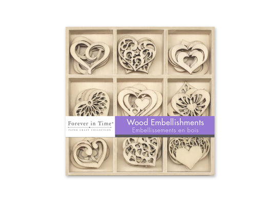 Paper Craft Emb: 45pc Mini Wood Emb in 9-Comp Box B) Hearts