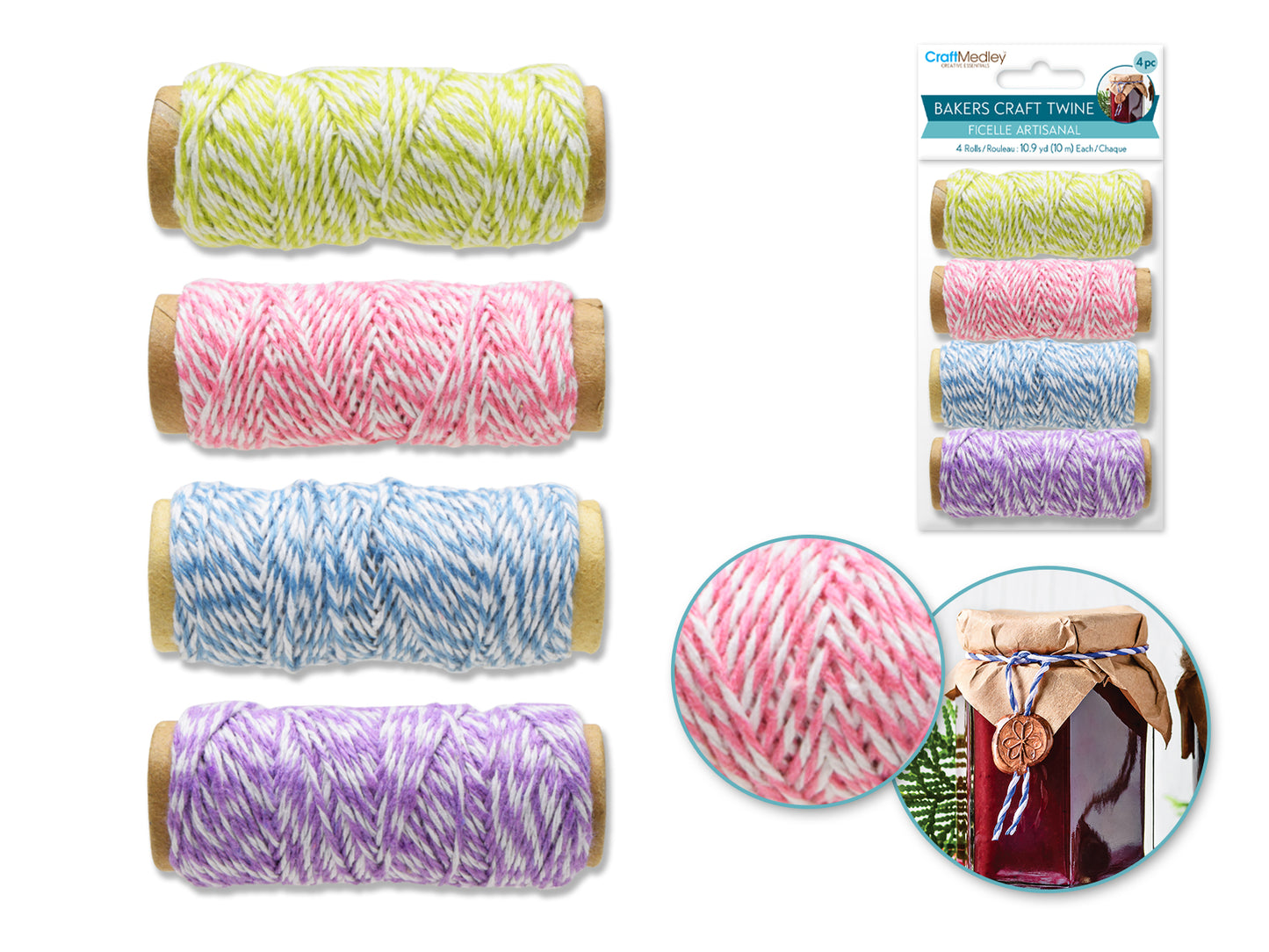 Craft Medley: 30m Bakers Twine 4 Spools Asst (4x10m) B) Pastel