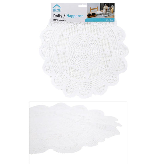 H.E.  16" Polyester Doily, White,  header card