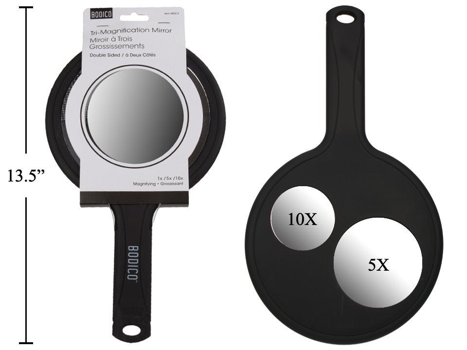 Bodico, 3-in-1 Hand Mirror, Black, w/Rubber Feel Handle, sleeve card