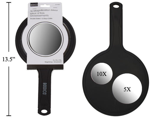 Bodico, 3-in-1 Hand Mirror, Black, w/Rubber Feel Handle, sleeve card