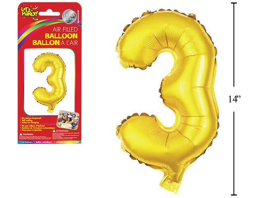 Let's Party "3" Gold Air Filled Balloon,14"