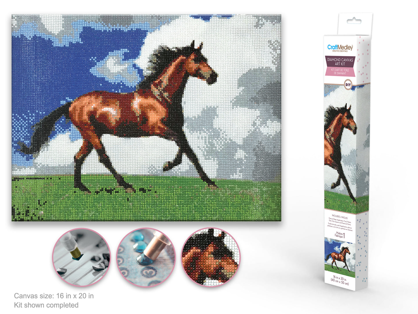 Craft Medley Kit: Diamond Painting Art Kit 15.8"x19.7" w/Gems+Tool+Tray J) Majestic Horse