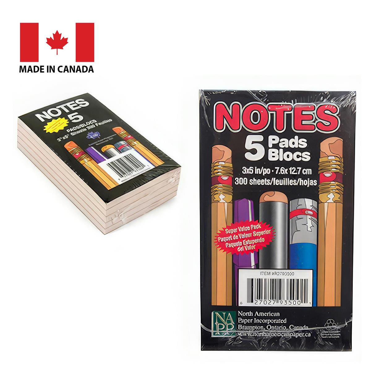 5-pk 3 x 5" 300-sheet Memo Pad,  shrink wrap