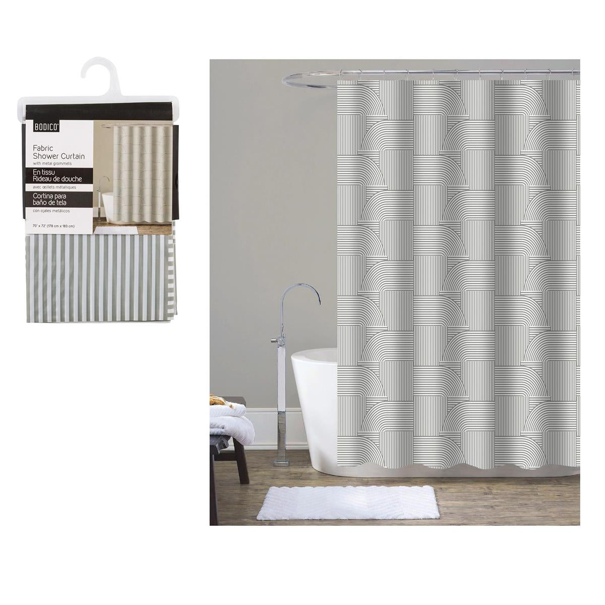 Bodico Fabric Shower Curtain, grey lines, 70x72", hanger