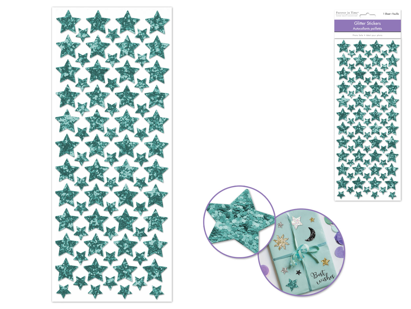 Paper Craft Sticker: 12.5cmx30.5cm Glitter Shapes H) Aqua Stars