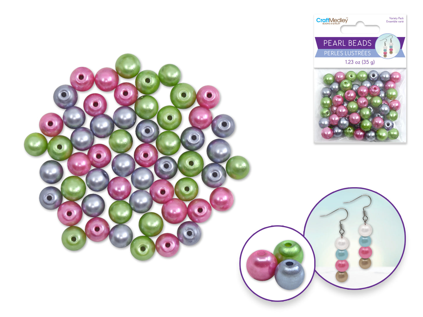 Pearl Beads: 8mm Glass Fired Pearls 35g 3-Col Asst Multi-Pack A) Jewel