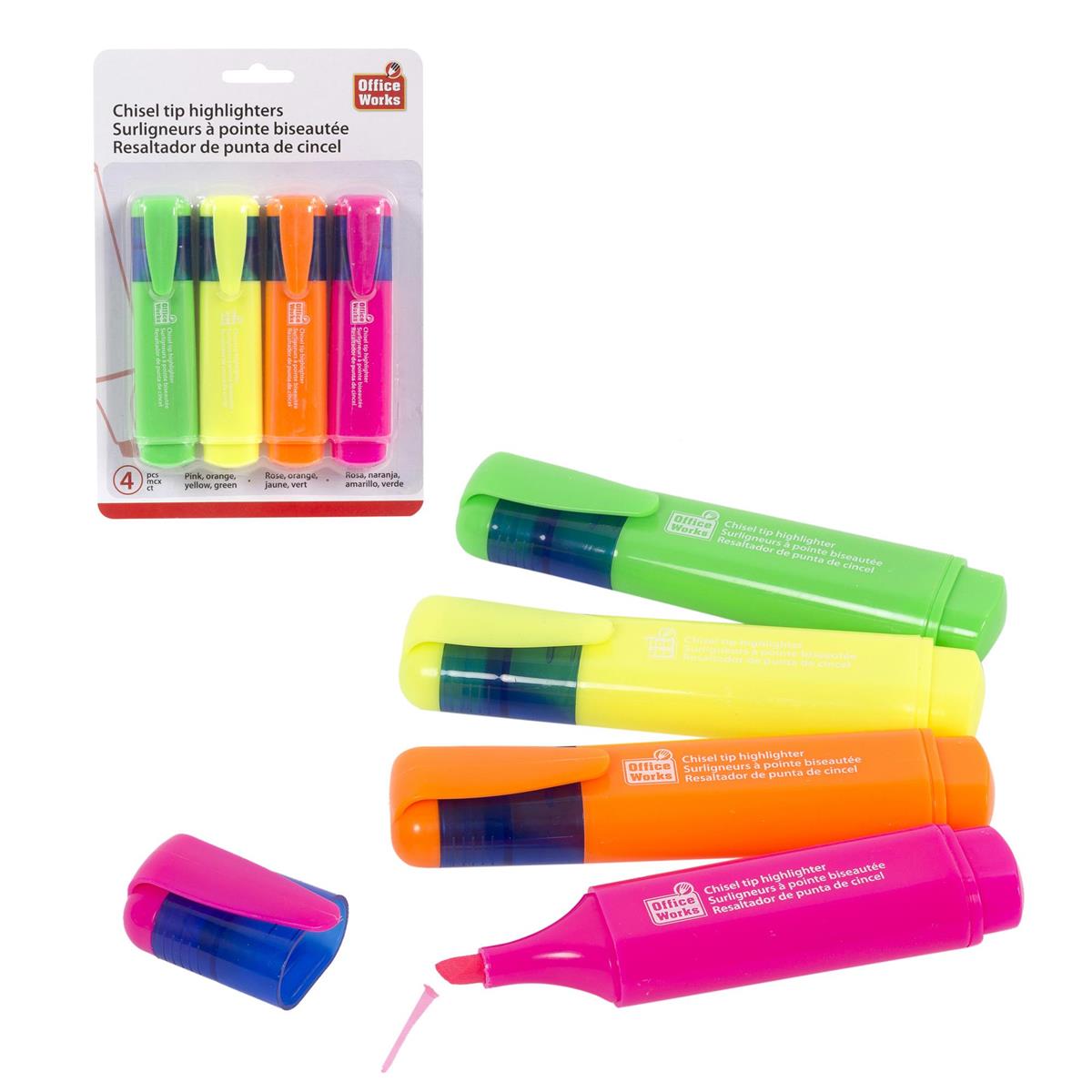 O.WKs. 4pcs Chizel Tip Highlighters Yellow,Green, Pink, Orange