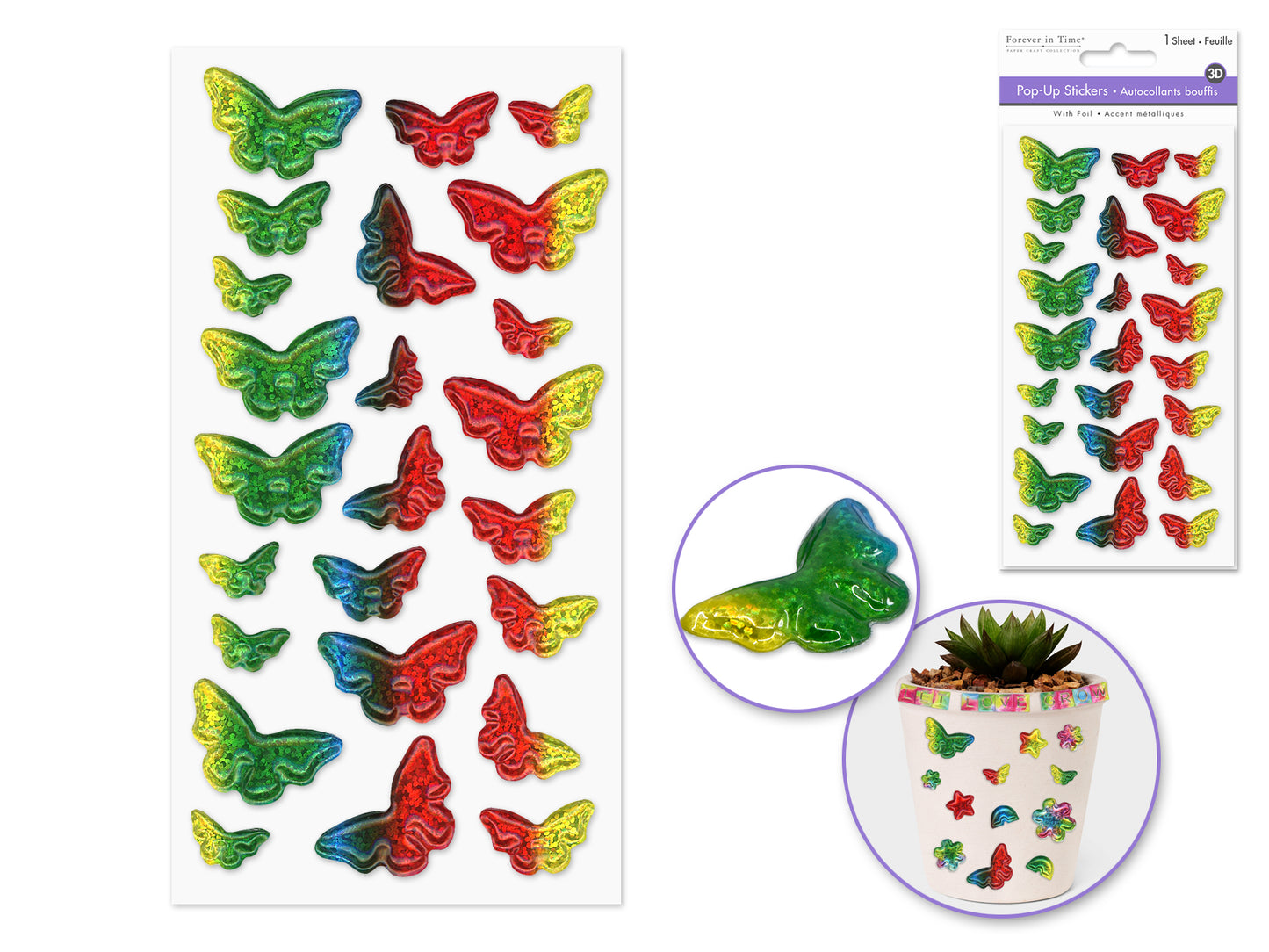 Paper Craft Sticker: 3.7"x6.9" 3D Pop-Up Foil Rainbow Effects A) Butterfly