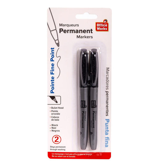 O.WKs. 2-Pk Fine Point Permanent Mkrs, Black color, b/c