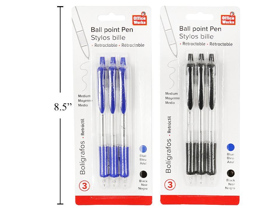 O.WKs. 3-pc Retractable Pens, Blue/Black