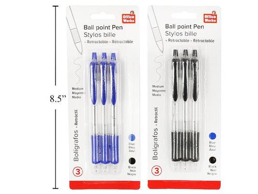 O.WKs. 3-pc Retractable Pens, Blue/Black