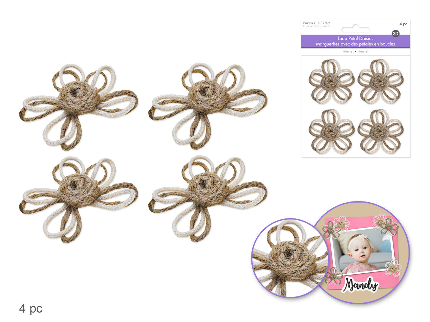 Floral Embellish: 2.2" Loop-Petal Daisies x4 Handmade A) Jute Stamen