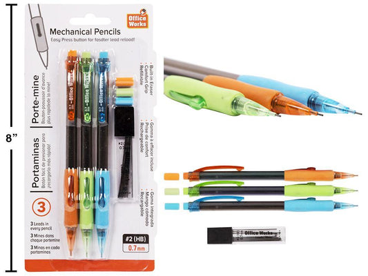 O.WKs. 3-Pc mechanical Pencils w/ Leads Set 0.7mm, b/c