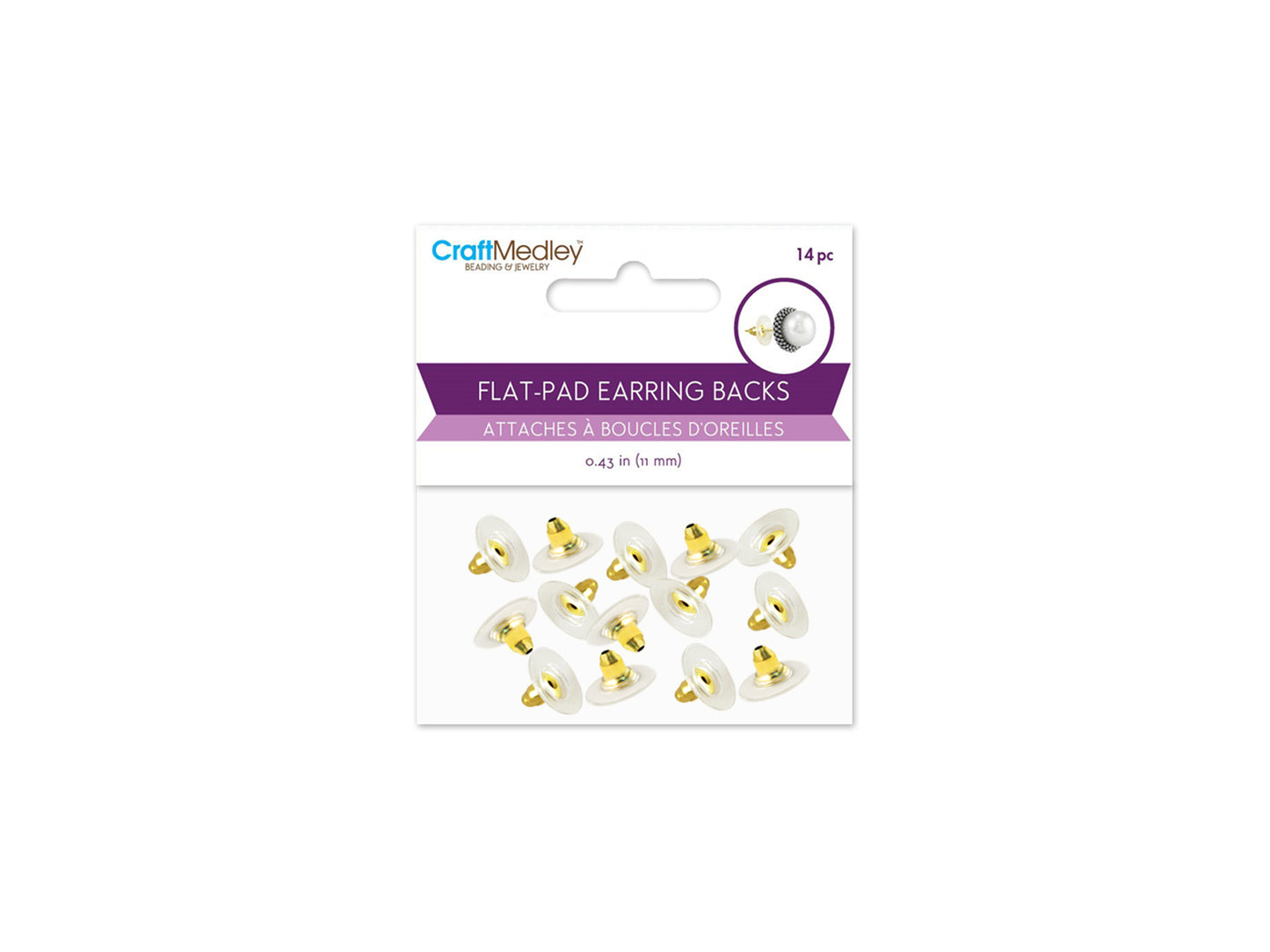 Jewelry Findings: 11mm Clear Flat-Pad Earring Back x14 A) Gold