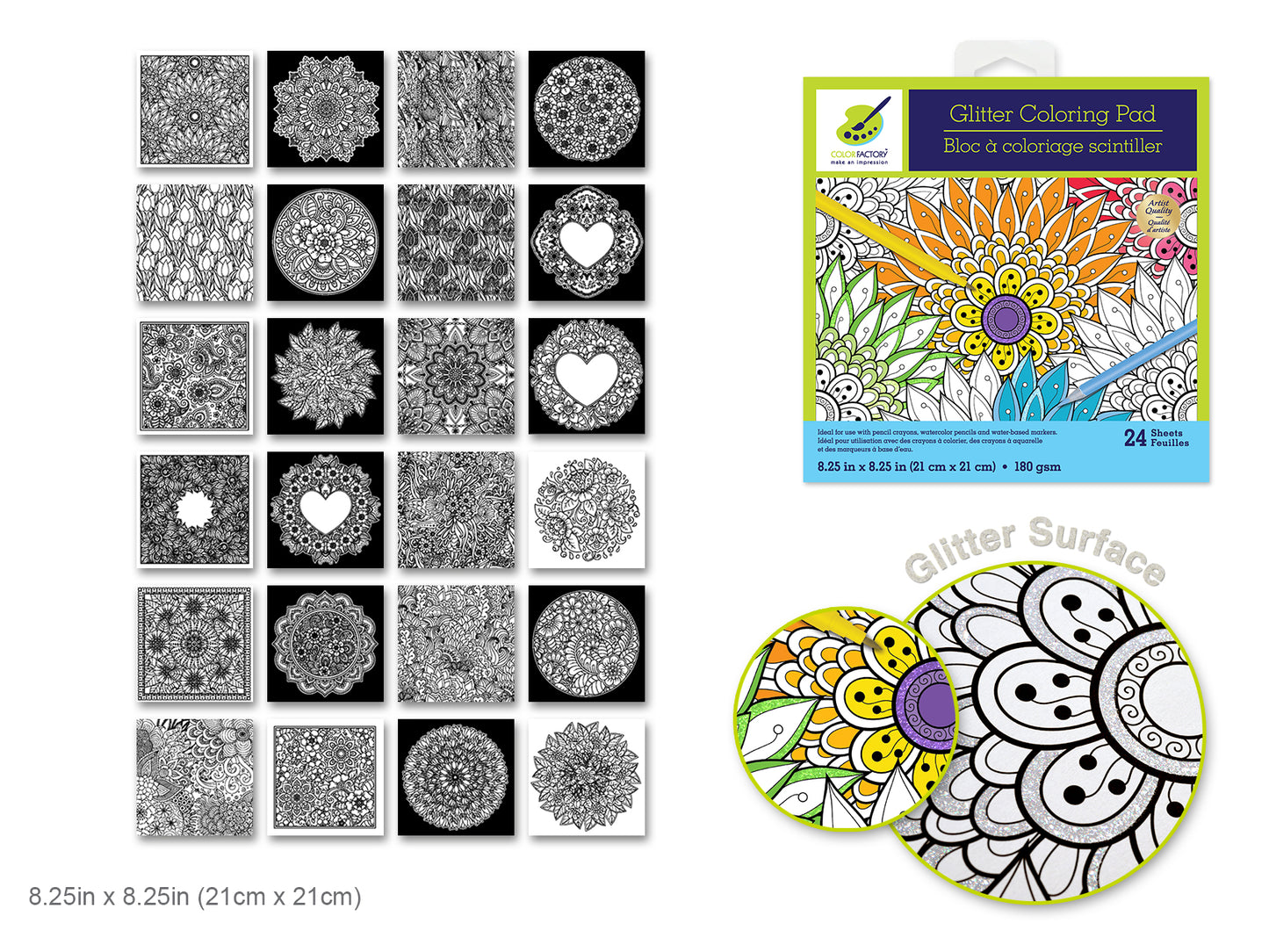 Color Factory: Glitter Coloring Pad 8.25"X8.25" 180Gsm 24Sht N) Floral Abstract