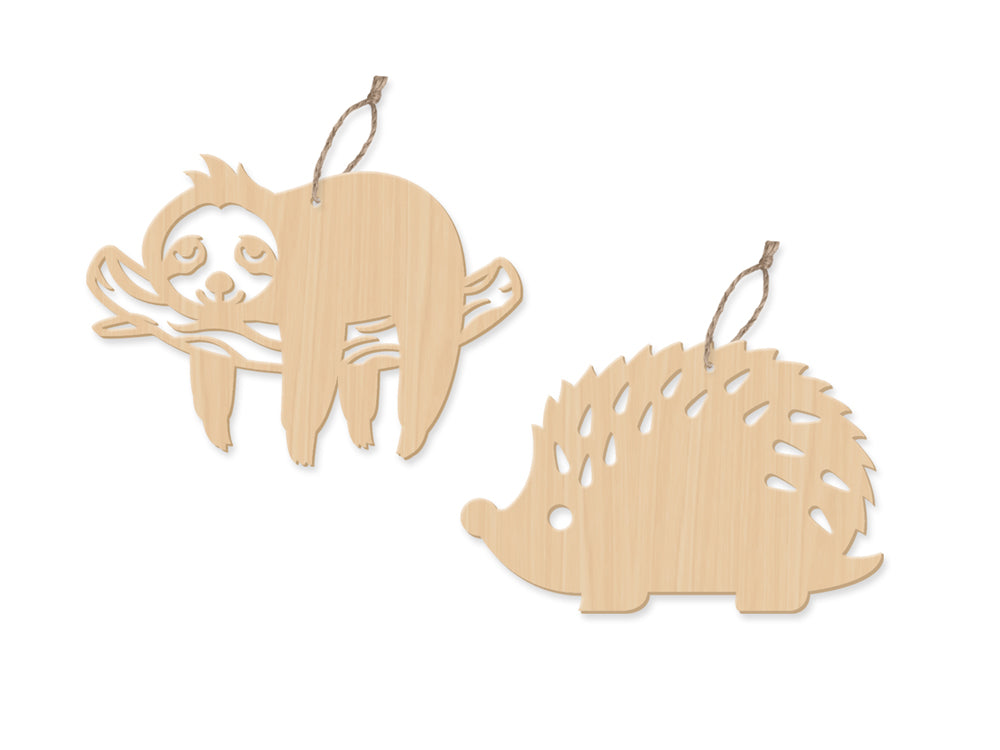 Wood Craft: Wood Ornaments x2 Asst Laser-Punch w/Jute Cord Hanger C) Creatures