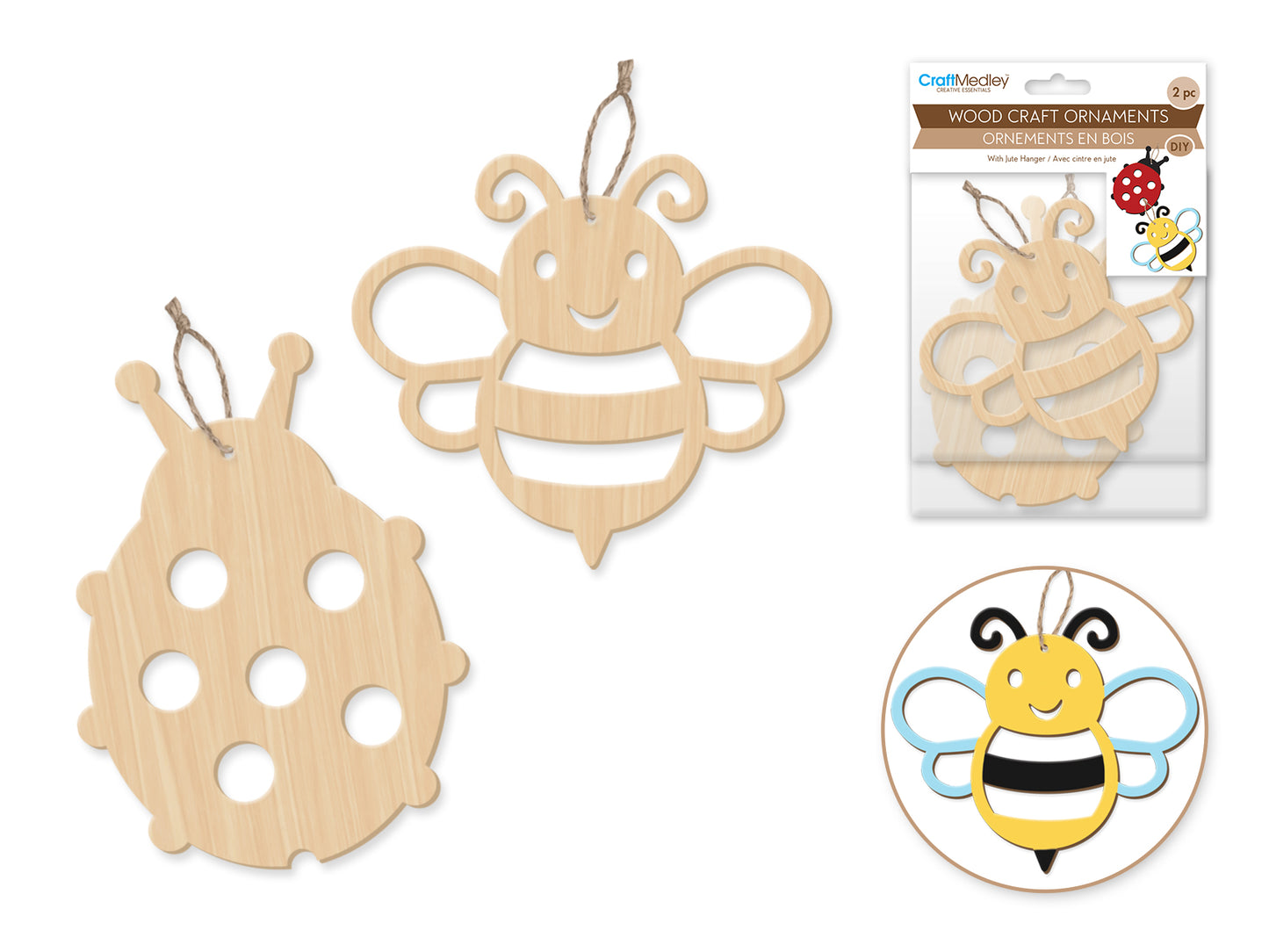 Wood Craft: Wood Ornaments x2 Asst Laser-Punch w/Jute Cord Hanger D) Bugs