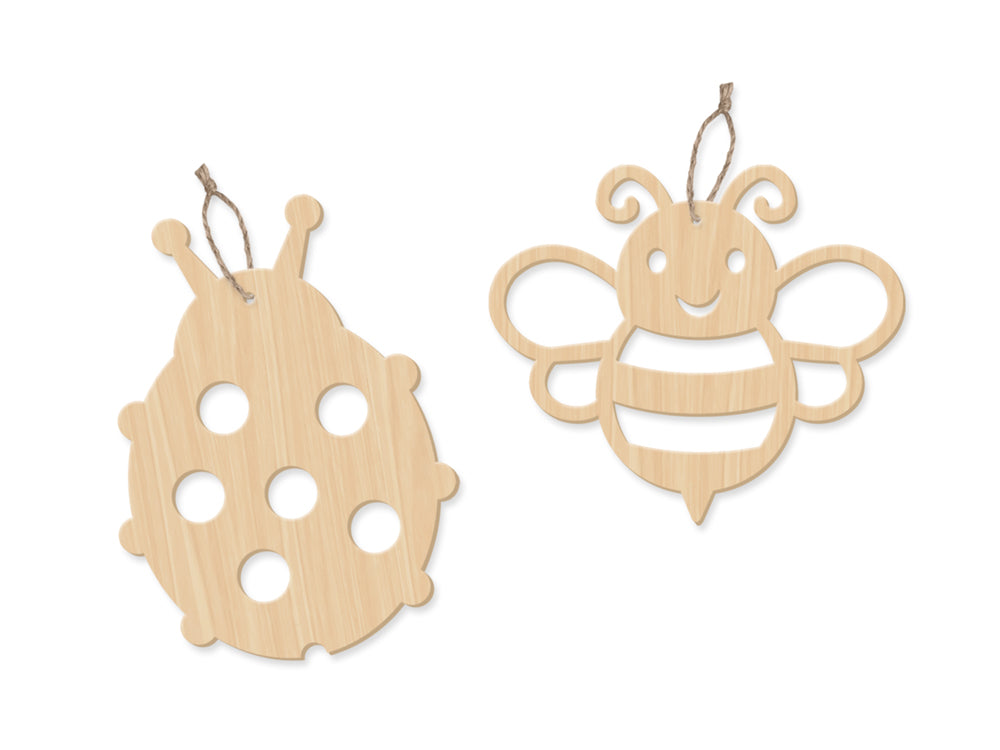 Wood Craft: Wood Ornaments x2 Asst Laser-Punch w/Jute Cord Hanger D) Bugs
