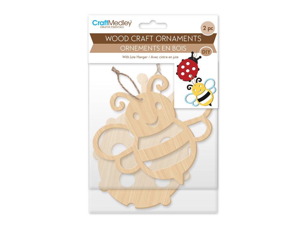 Wood Craft: Wood Ornaments x2 Asst Laser-Punch w/Jute Cord Hanger D) Bugs