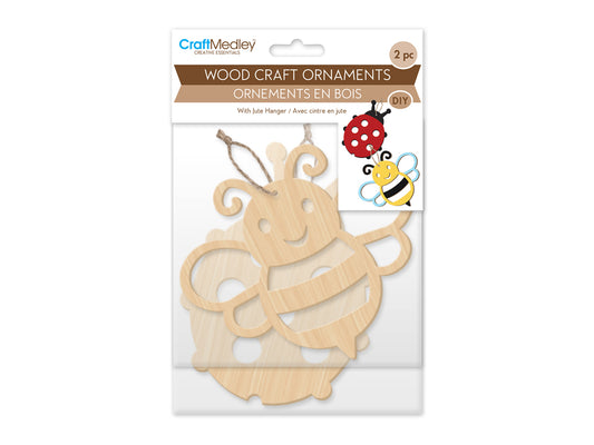 Wood Craft: Wood Ornaments x2 Asst Laser-Punch w/Jute Cord Hanger D) Bugs