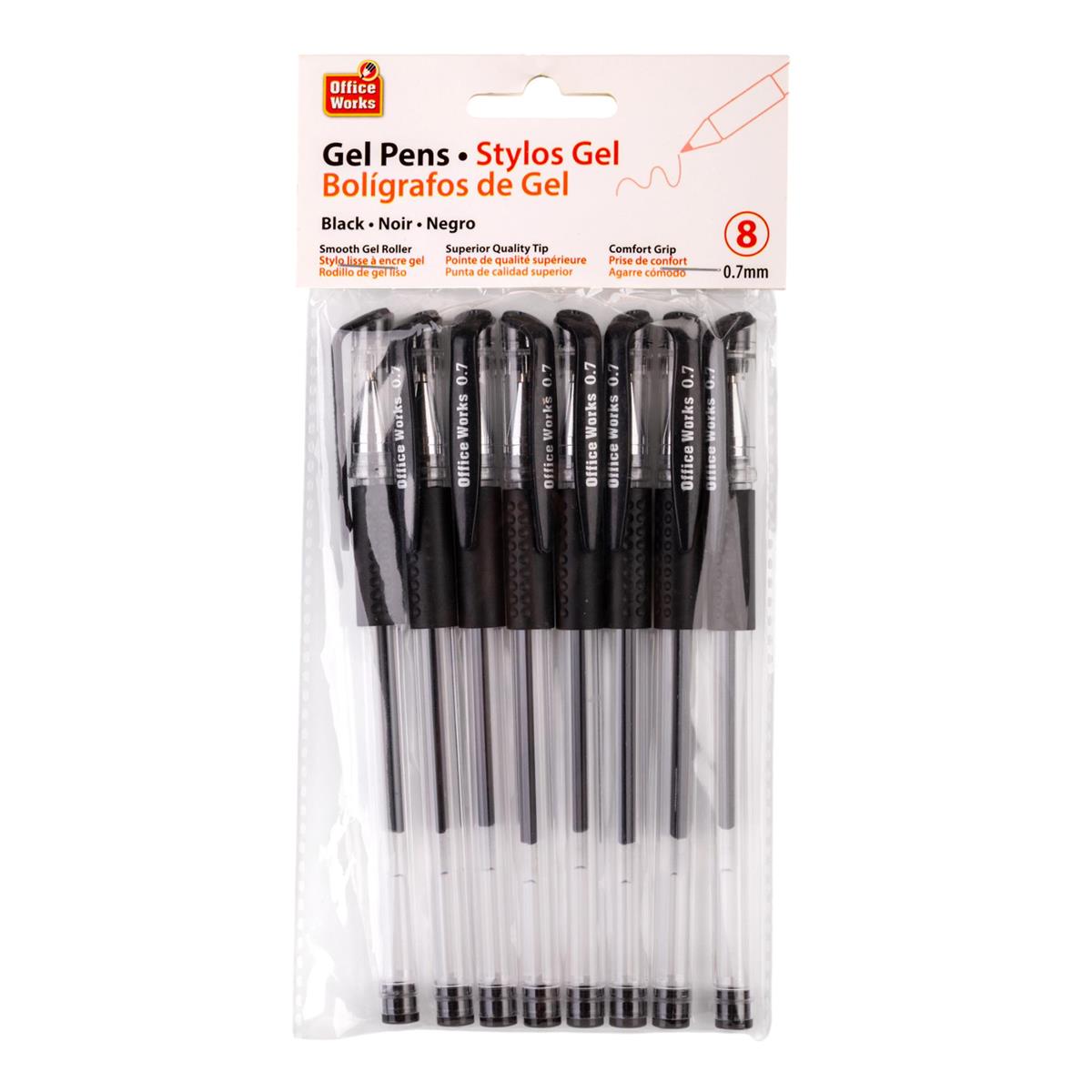 O.WKs. 8-PC 0.7mm Gel Roller Ball Pen, Black. Opp bag with header card