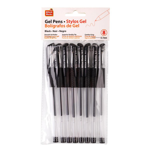 O.WKs. 8-PC 0.7mm Gel Roller Ball Pen, Black. Opp bag with header card