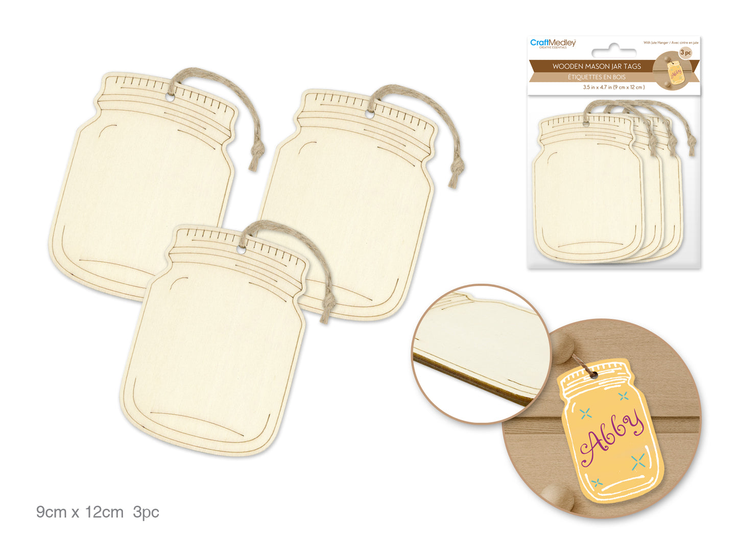 Wood Craft Etched Mason Jar Tags 9cm x 12cm – Wooden Tags with Jute Cord for DIY Crafts & Décor (3 pcs)