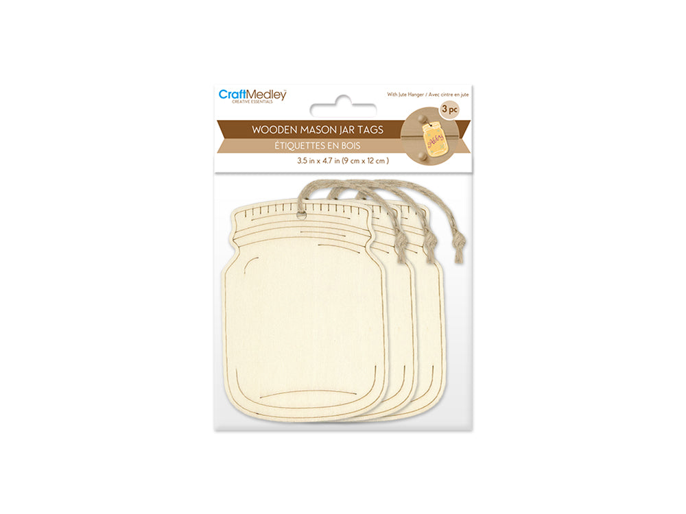 Wood Craft Etched Mason Jar Tags 9cm x 12cm – Wooden Tags with Jute Cord for DIY Crafts & Décor (3 pcs)