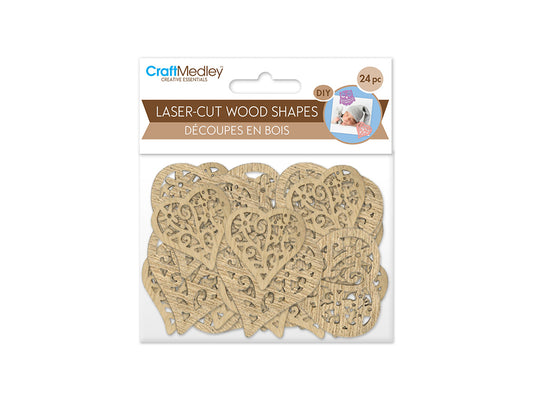 Wood Craft: 3cm+4cm Laser-Cut Ornate Wood Shapes 24pc A) Heart