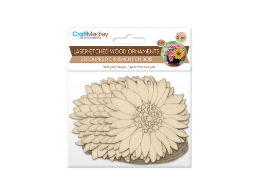 Wood Craft: 3.5" Laser-Etched Wood Shapes 6pc w/Jute B) Aster Mum