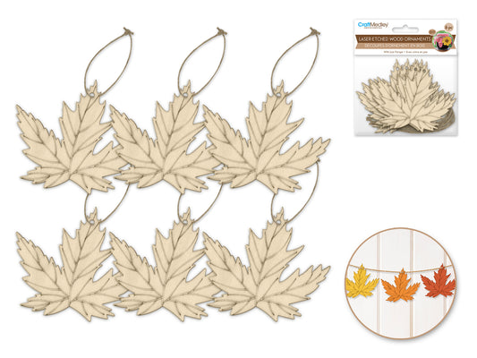 Wood Craft: 3.5" Laser-Etched Wood Shapes 6pc w/Jute C) Maple Leaf