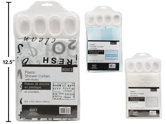 Bodico 70.5"x70.5" Shower Curtain,  with Hooks,3 styles, clam pack