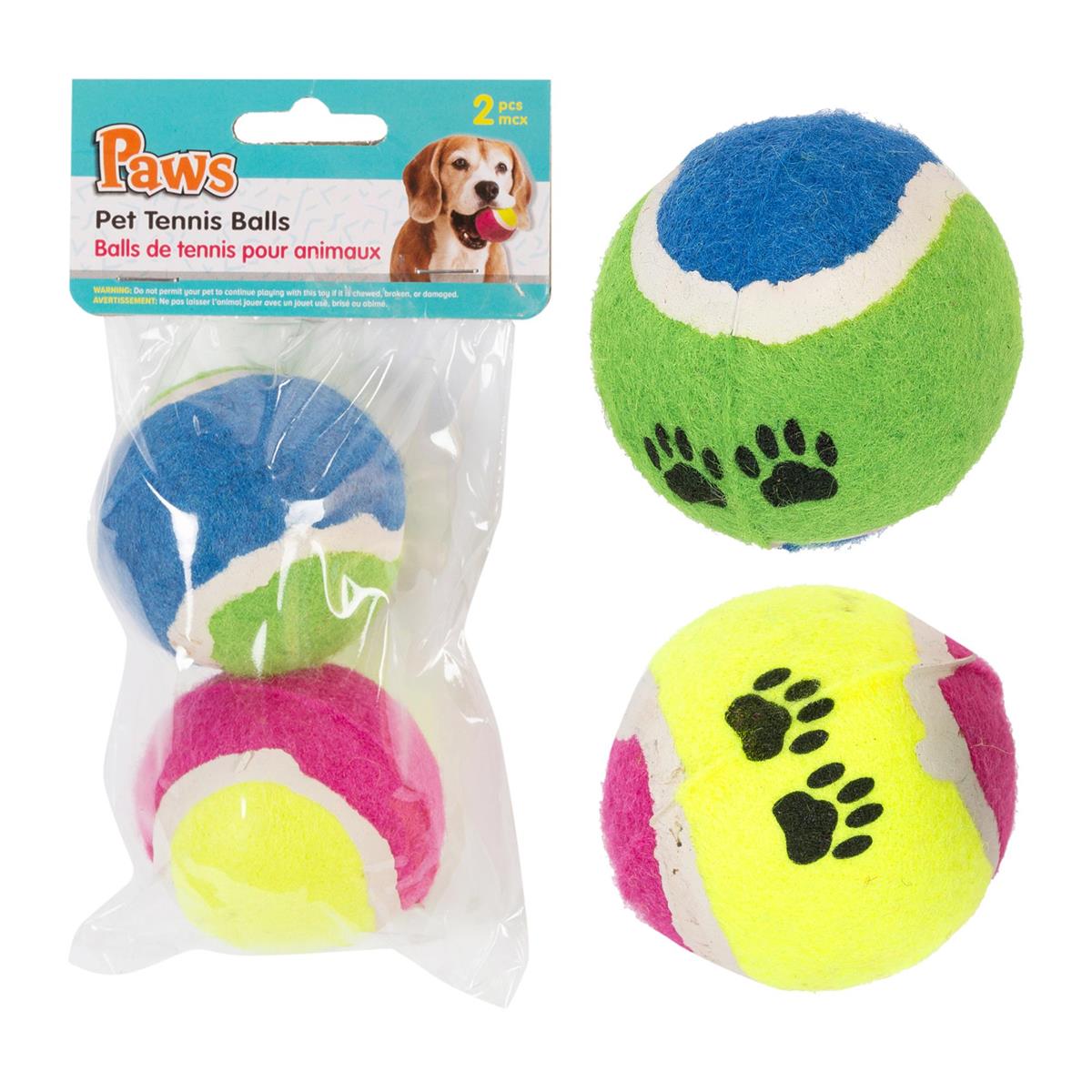 PAWS. 2-pc 2.5" Printed Pet Tennis Balls, 2 col. in a bag,(CS)