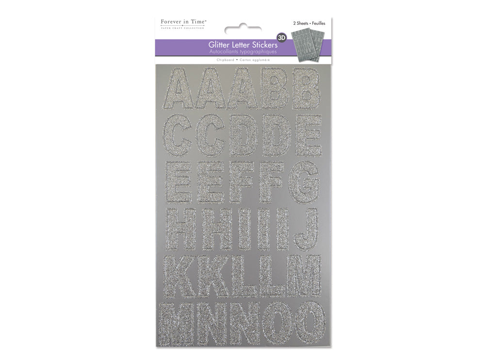 Paper Craft Stickers: 14.5cmx24cm Chipboard Glitter Letters 2sheets D) Silver