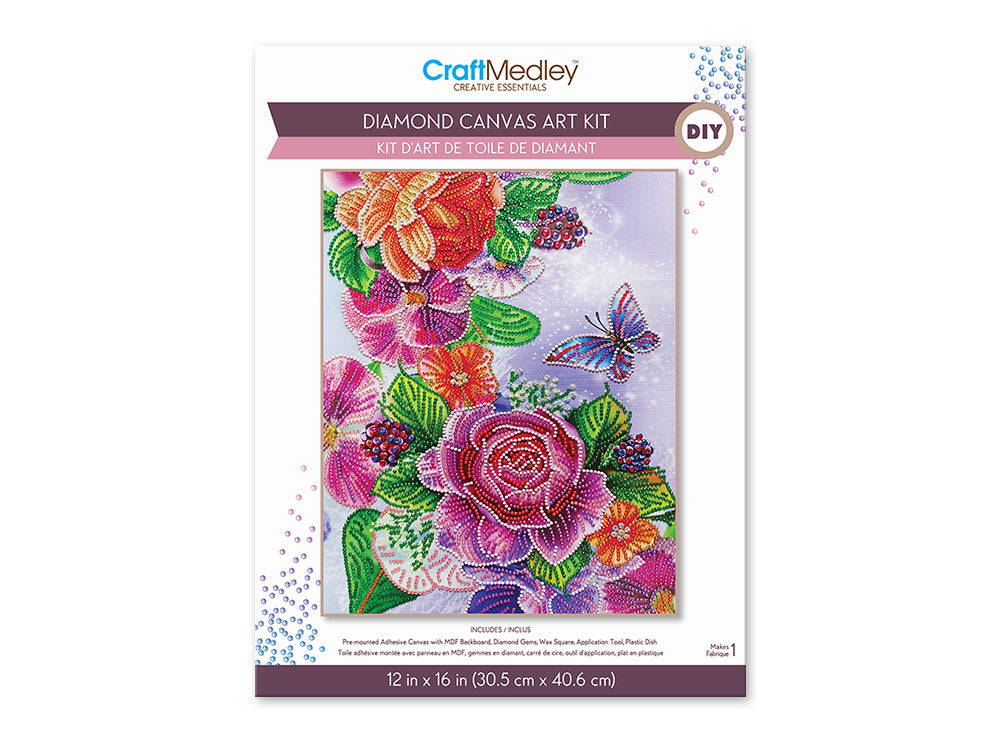 Craft Medley Kit: Diamond Painting Art Kit 12"x16" w/Gems+Tool+Tray N) Butterfly Floral