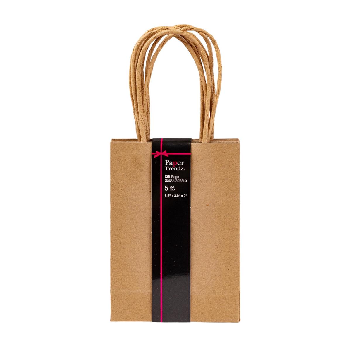 Paper T. 5pk Kraft Gift Bags, 5.5"x3.9"x2", wrap band