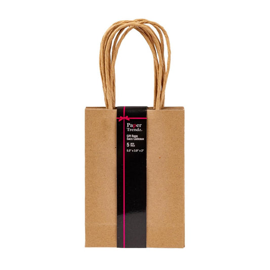 Paper T. 5pk Kraft Gift Bags, 5.5"x3.9"x2", wrap band